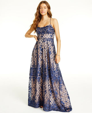 Jump Women's Embroidered Spaghetti Strap Square Neck Full Length Formal a Line Dress Blue Size 5-6