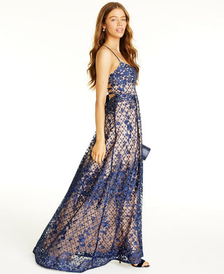 Jump Women's Embroidered Spaghetti Strap Square Neck Full Length Formal a Line Dress Blue Size 5-6