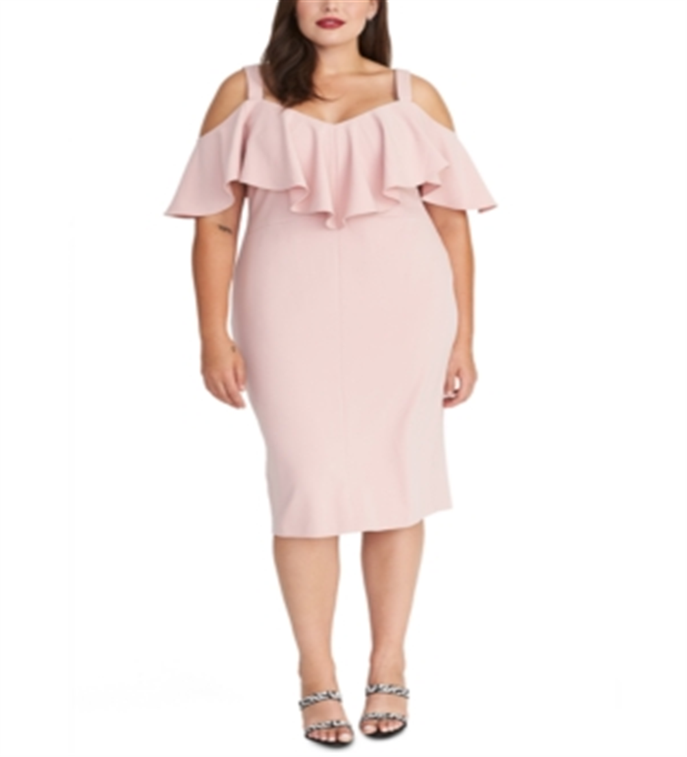 Rachel Roy Women's Cold Shoulder Ruffled Spaghetti Strap Sweetheart Neckline Below the Knee Cocktail Sheath Dress Pink Size 16W