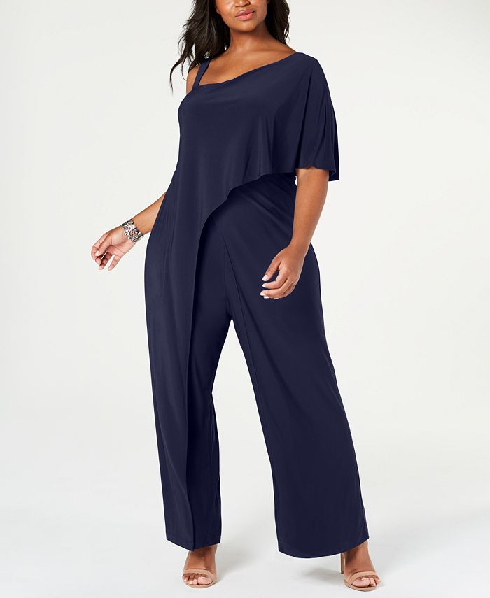 R & M Richards Women's Asymmetrical Neckline Evening Wide Leg Jumpsuit Blue Size 18W
