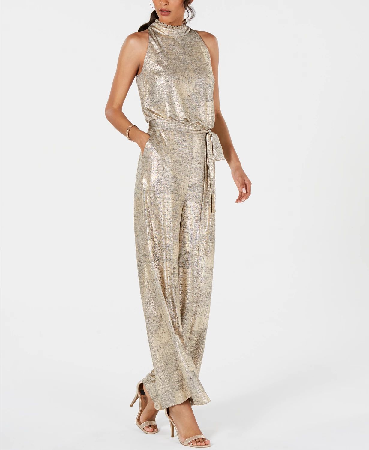 Vince Camuto Women's Mock Neck Metallic Tie Waist Jumpsuit Gold Size 12