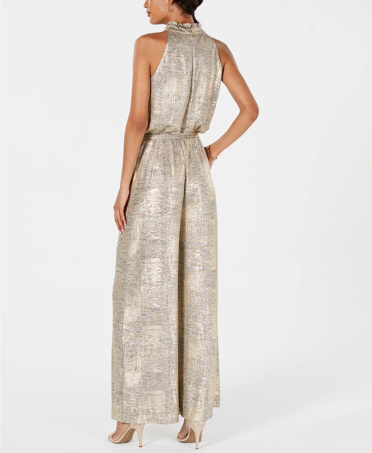 Vince Camuto Women's Mock Neck Metallic Tie Waist Jumpsuit Gold Size 12