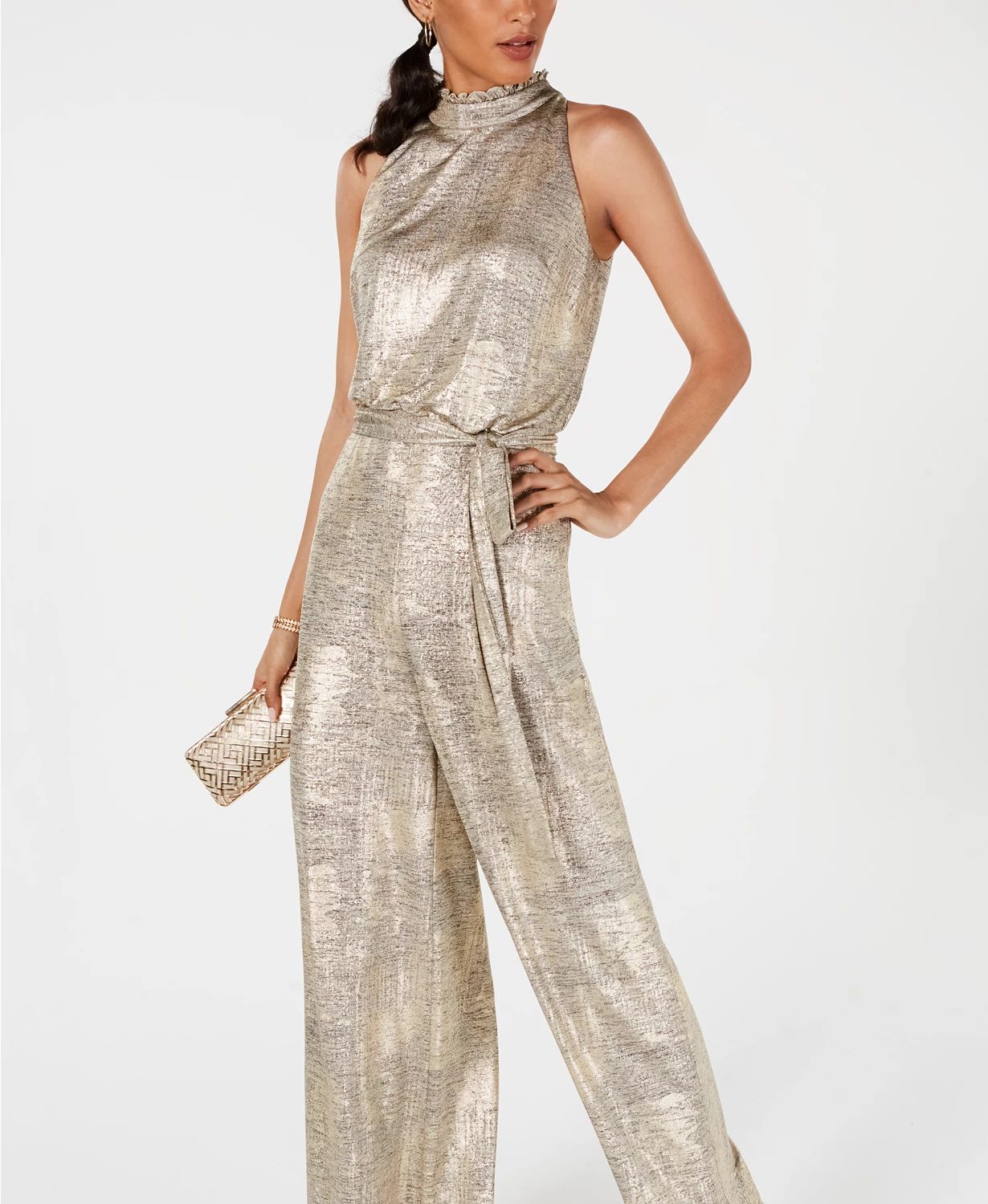 Vince Camuto Women's Mock Neck Metallic Tie Waist Jumpsuit Gold Size 12