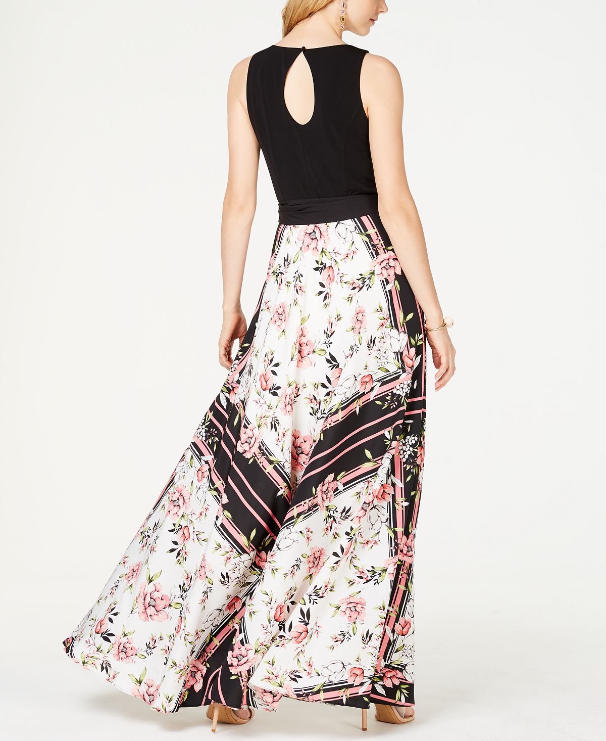INC Womens Black Belted Floral Sleeveless Jewel Neck Full-Length Fit Flare Formal Dress Size 6