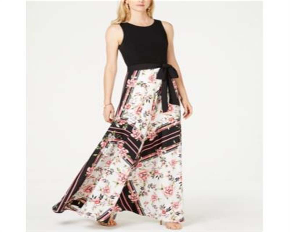 INC Womens Black Belted Floral Sleeveless Jewel Neck Full-Length Fit Flare Formal Dress Size 6