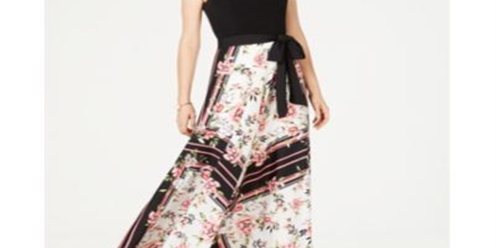 INC Womens Black Belted Floral Sleeveless Jewel Neck Full-Length Fit Flare Formal Dress Size 6