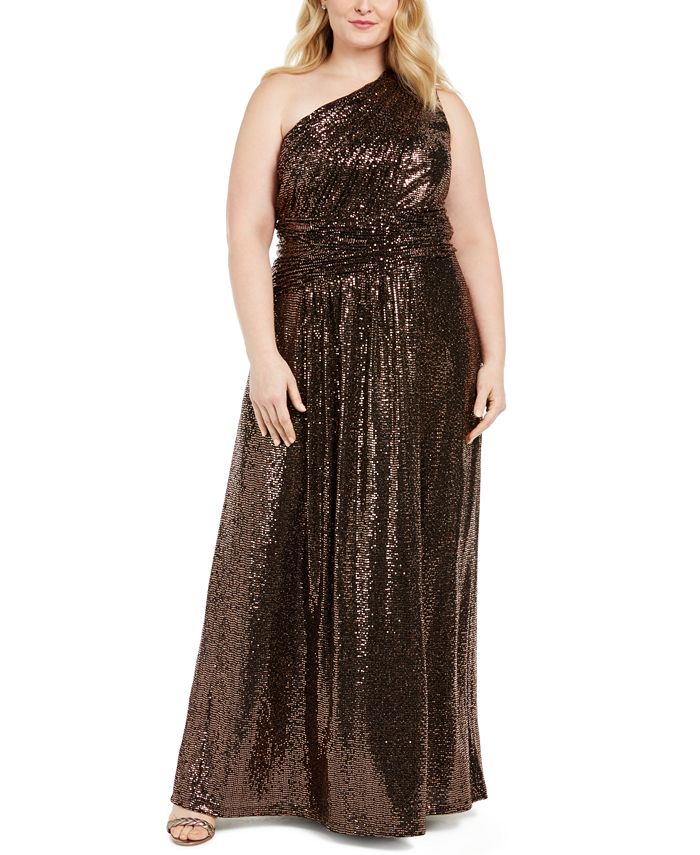 Calvin Klein Women's Sequined Sleeveless Asymmetrical Neckline Full Length Formal Sheath Dress Black Size 18W