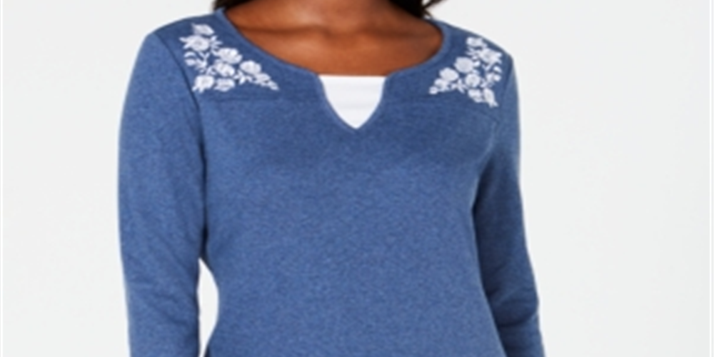 Karen Scott Women's Embroidered Cotton Layered Look Top Blue Size Petite L