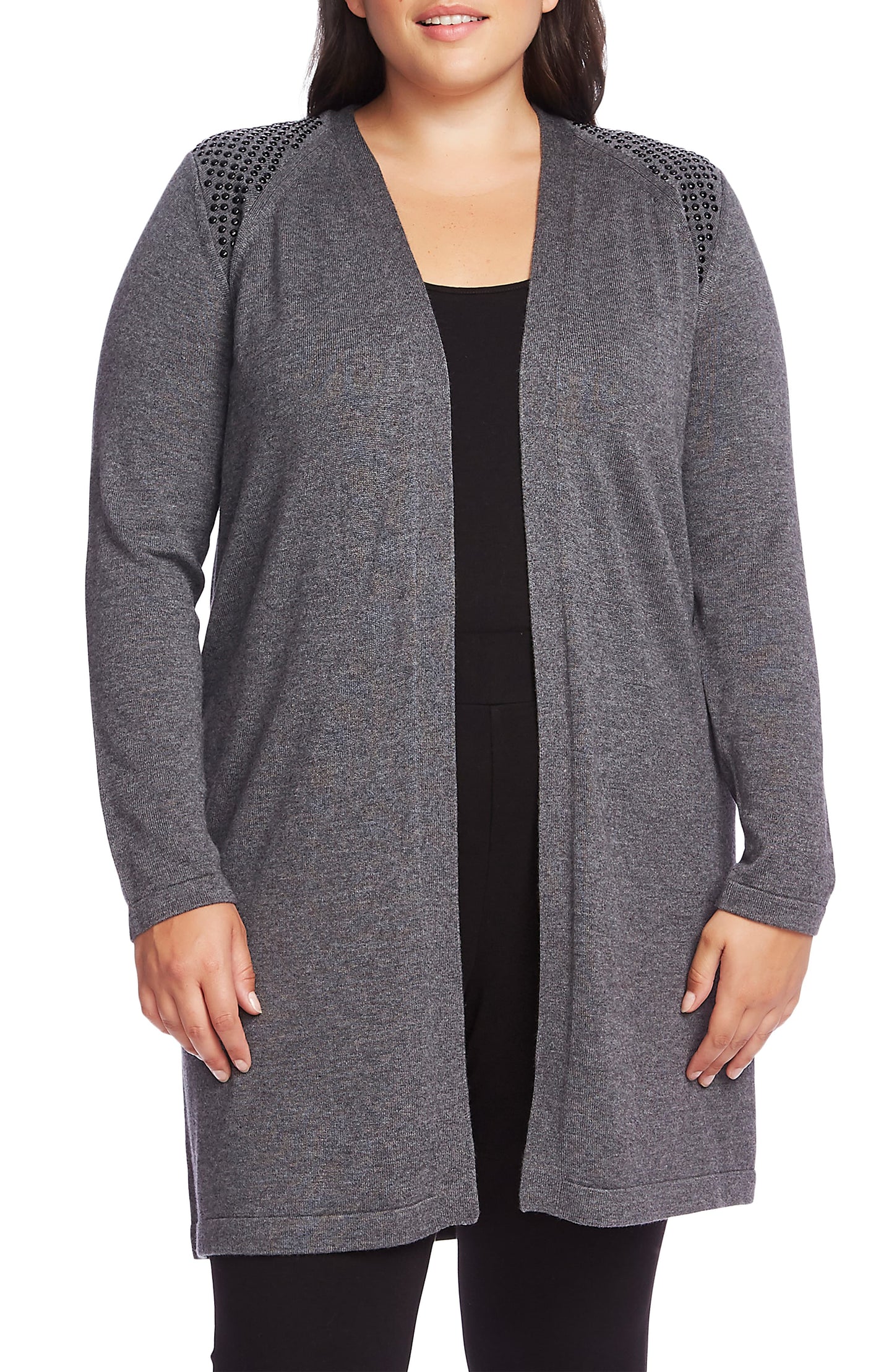 Vince Camuto Women's Studded Shoulder Long Cardigan Gray Size 1X