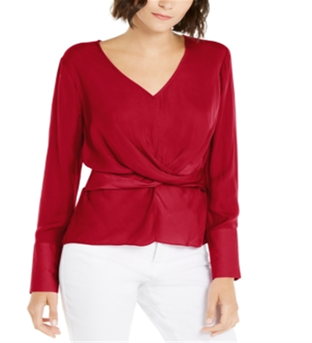 INC International Concepts Women's V Neck Twist Front Blouse Red Size Small