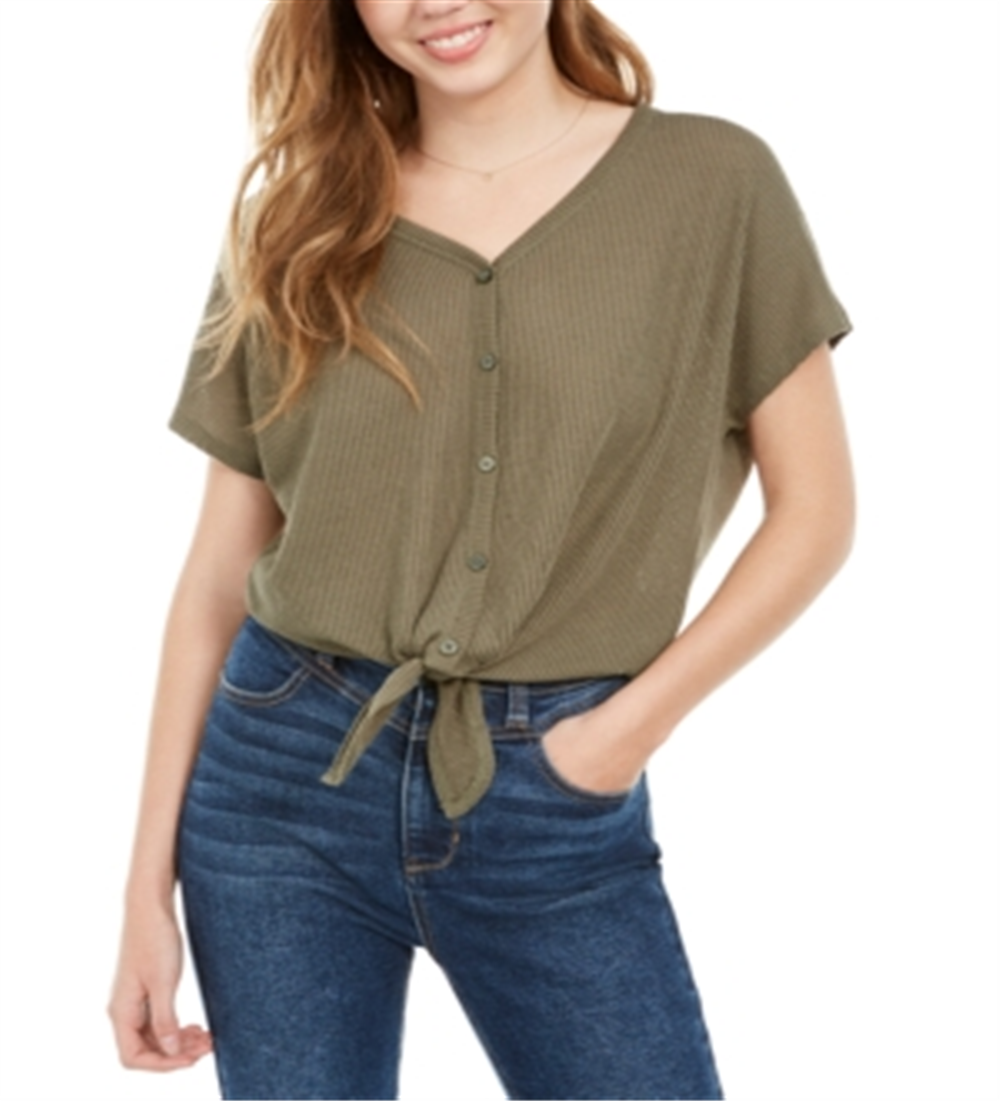 Pink Rose Junior's Tie Front Thermal Top Green Size S