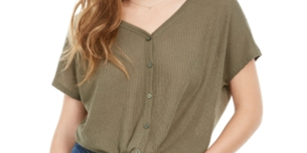 Pink Rose Junior's Tie Front Thermal Top Green Size S