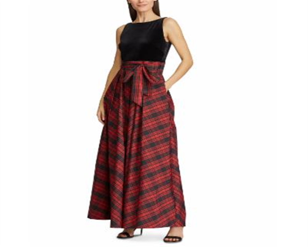 Ralph Lauren Women's Plaid Sleeveless V Neck Maxi Sheath Evening Dress Black Size 2