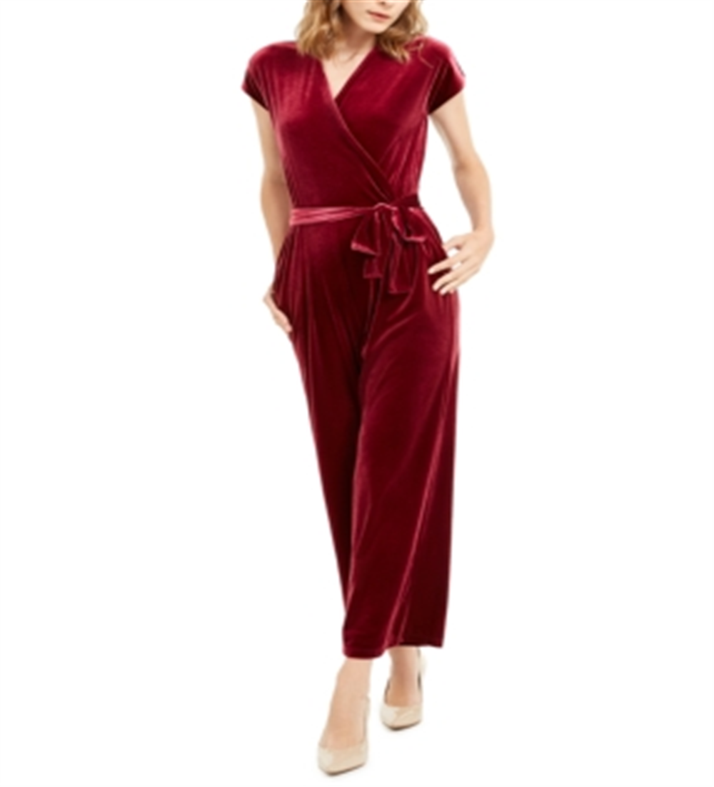 Alfani Women's Velvet Wide Leg Jumpsuit Wine Size Petite L