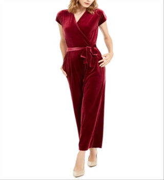 Alfani Women's Velvet Wide Leg Jumpsuit Wine Size Petite L