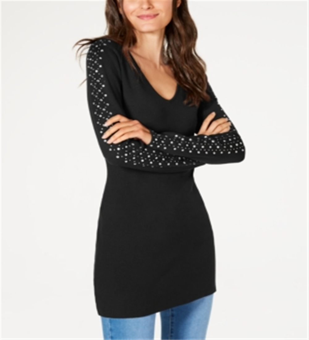 INC International Concepts Women's Rhinestone Embellished V Neck Tunic Black Size M