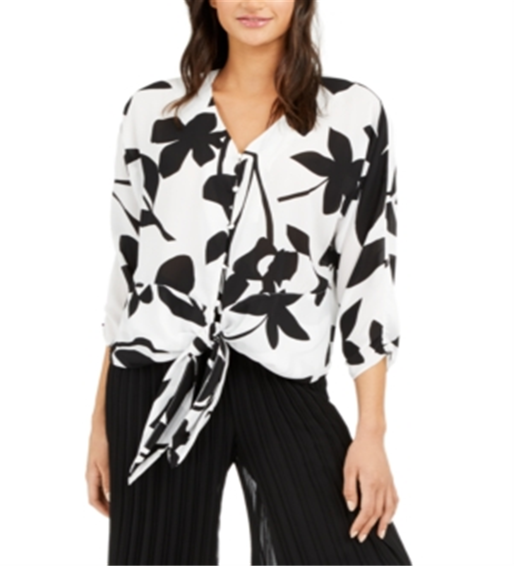 Alfani Women's Printed Tie Front Blouse White Size XX-Large