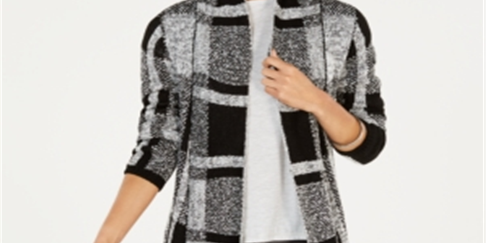 Style & Co Women's Plaid Jacquard Cardigan Sweater Black Size X-Large