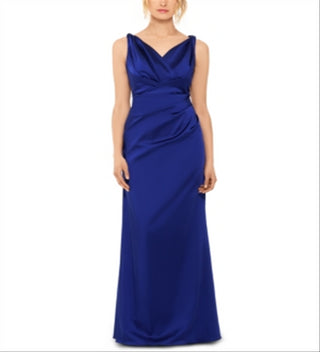 Betsy & Adam Women's Dress Satin V Neck Ruched Gown Blue Size 8