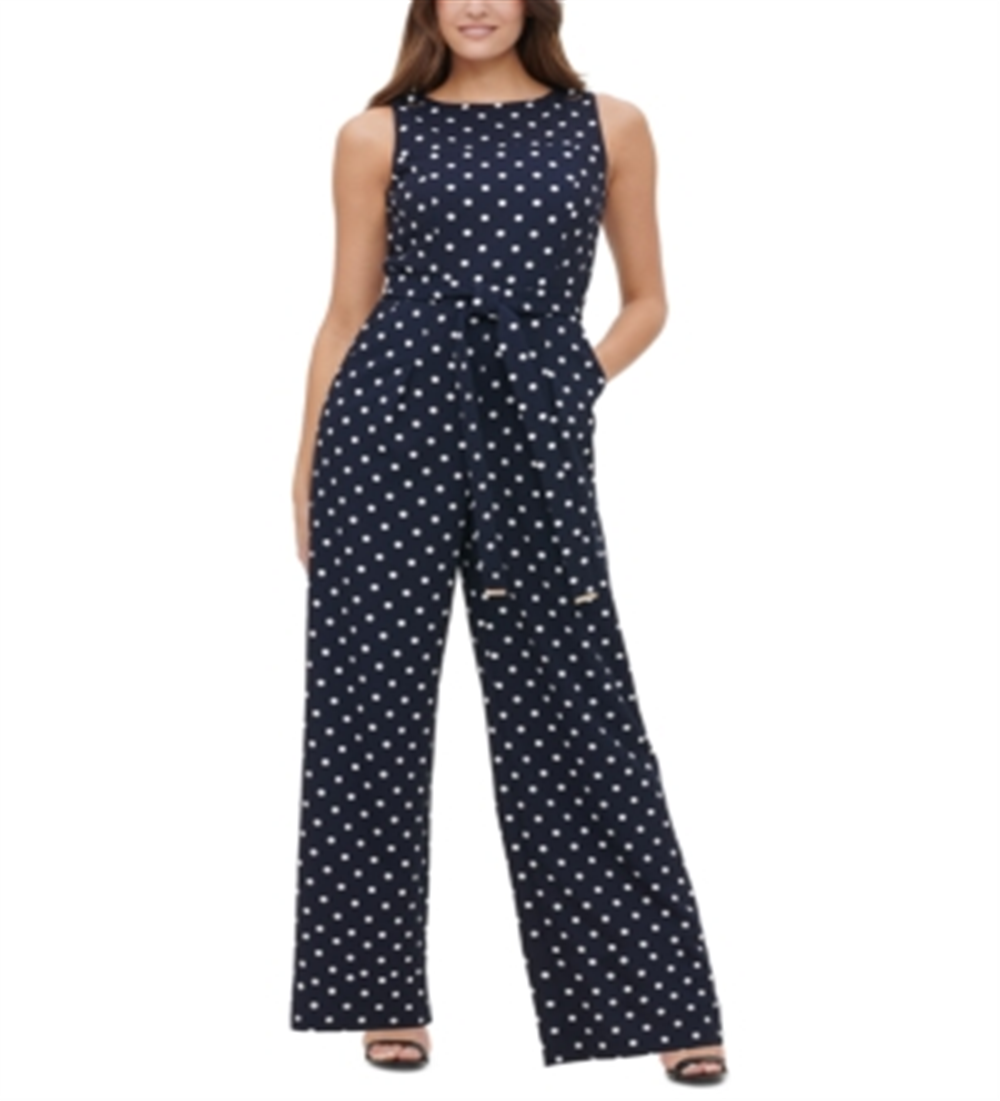 Tommy Hilfiger Women's Polka-Dot Tie-Waist Jumpsuit Blue Size  18