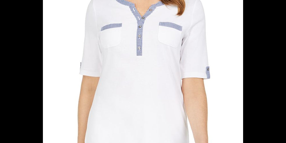 Karen Scott Women's Gingham Trim Henley Top White Size XX-Large