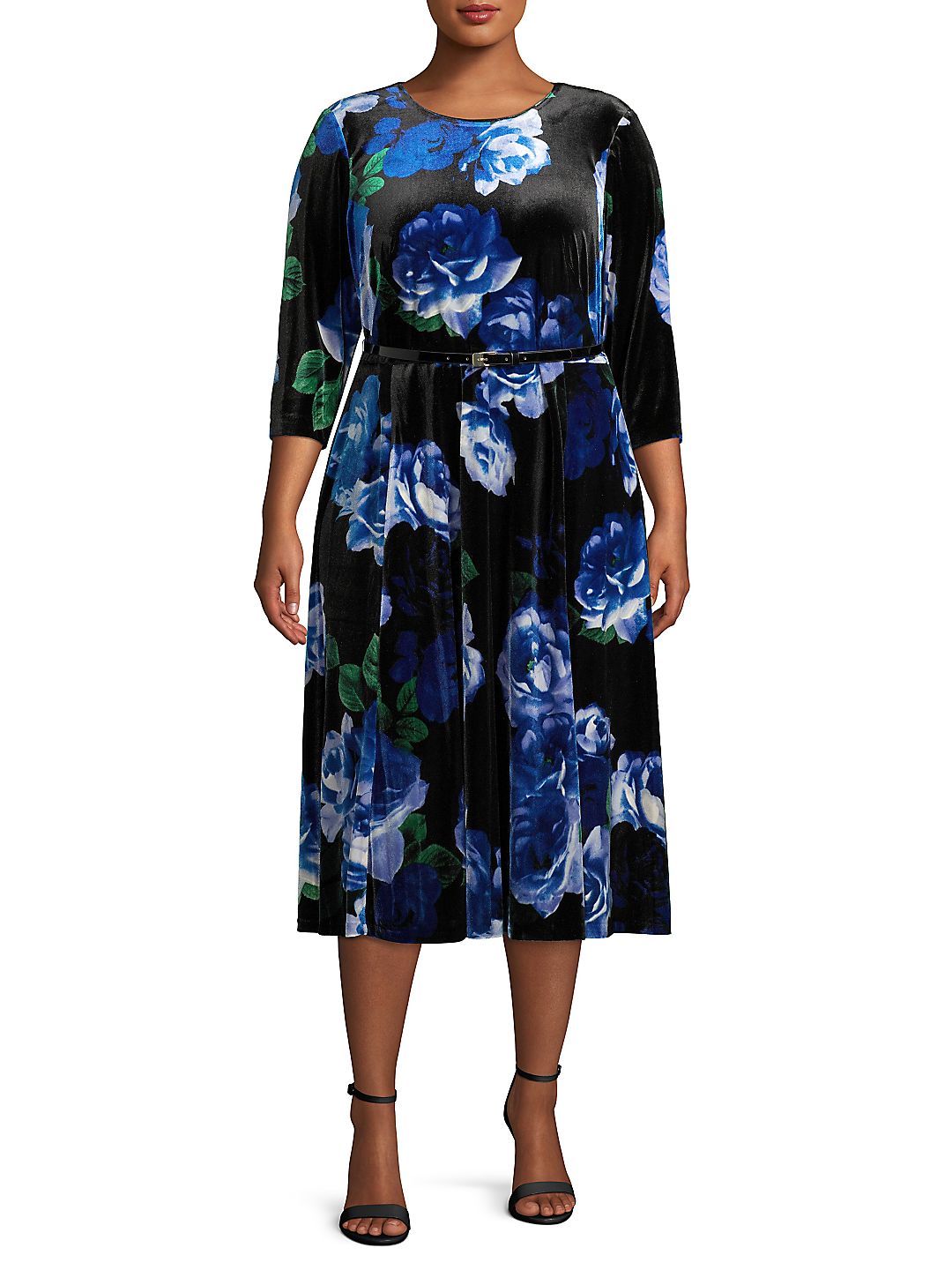 Calvin Klein Women's Floral Print Velvet Dress Blue Size 14W