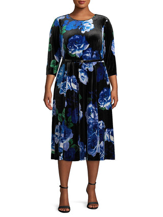 Calvin Klein Women's Floral Print Velvet Dress Blue Size 14W