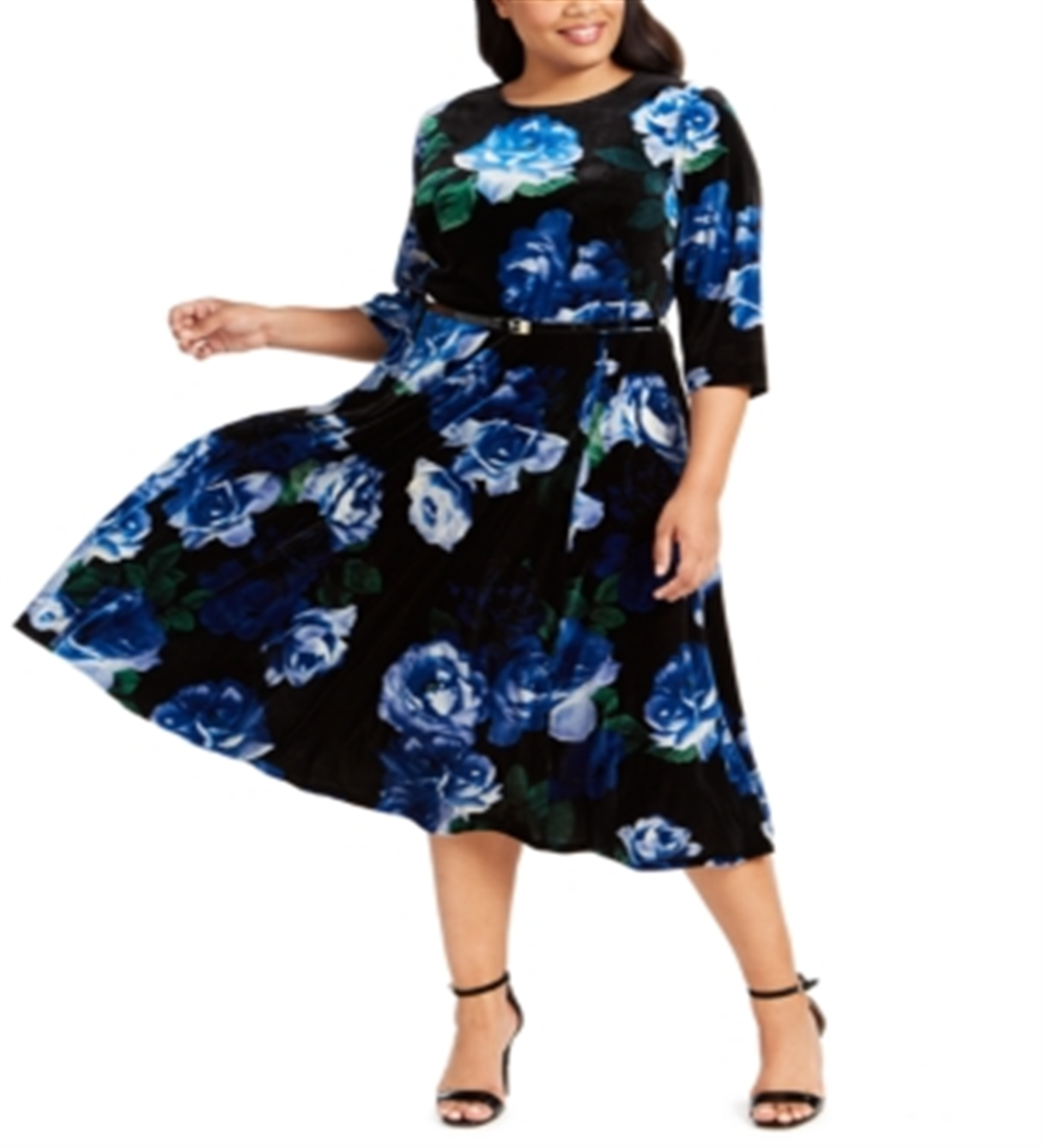 Calvin Klein Women's Floral Print Velvet Dress Blue Size 14W
