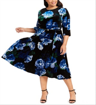 Calvin Klein Women's Floral Print Velvet Dress Blue Size 14W