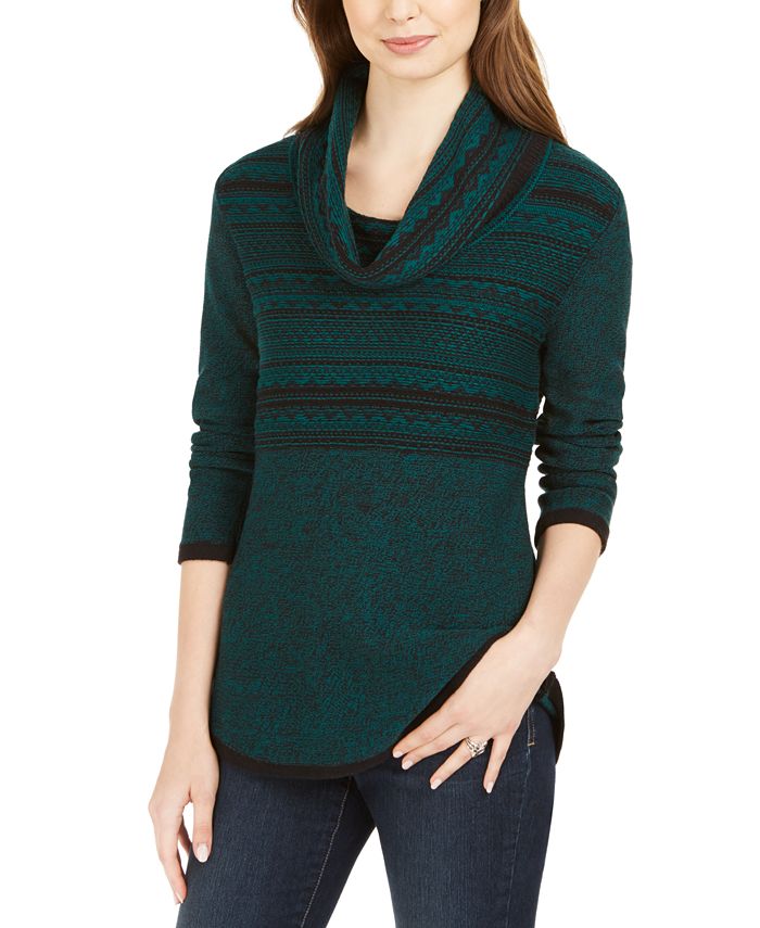 Style & Co Women's Cowl Neck Printed Sweater Green Size Petite
