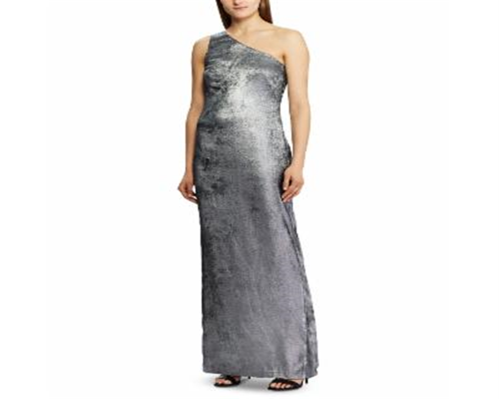 Ralph Lauren Women's Sleeveless Asymmetrical Neckline Maxi Evening Sheath Dress Gray Size 10