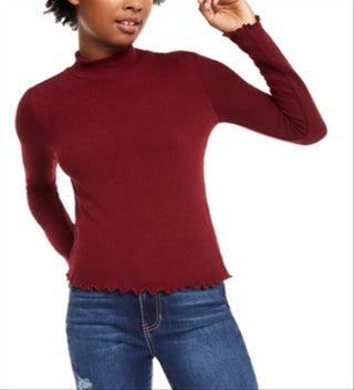 Planet Gold Junior's Mock Neck Lettuce Trim Top Red Size X-Large