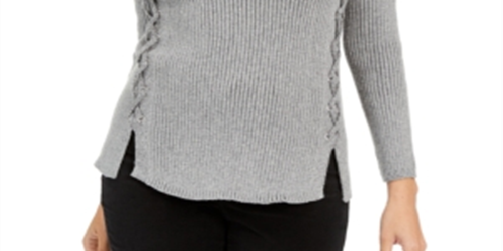 Style & Co Women's Mock Neck Lace up Sweater Gray Size Petite L