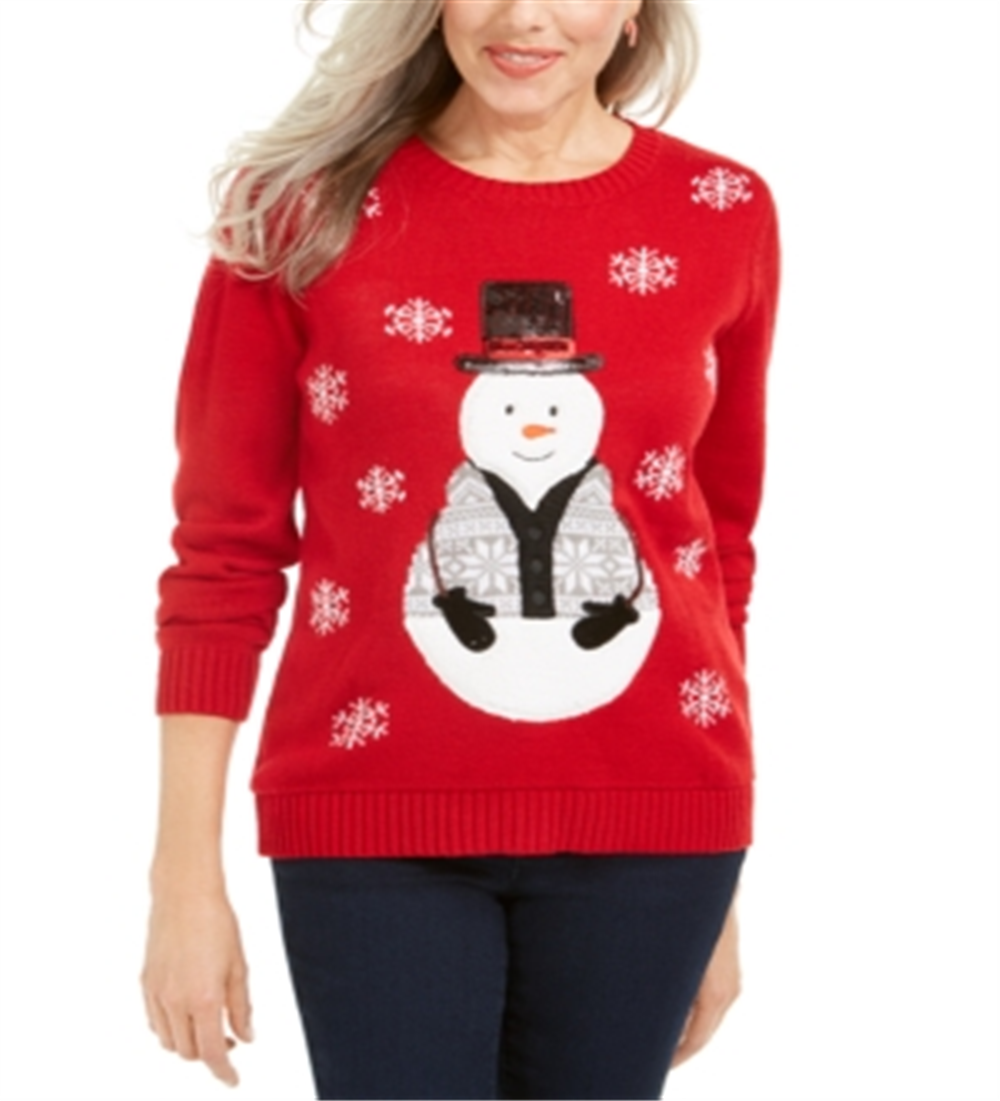 Karen Scott Women's Sequined Snowman Holiday Sweater Red Size XX-Large