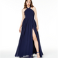 City Studios Junior's Halter Chiffon Slit Leg Gown Blue Size 3