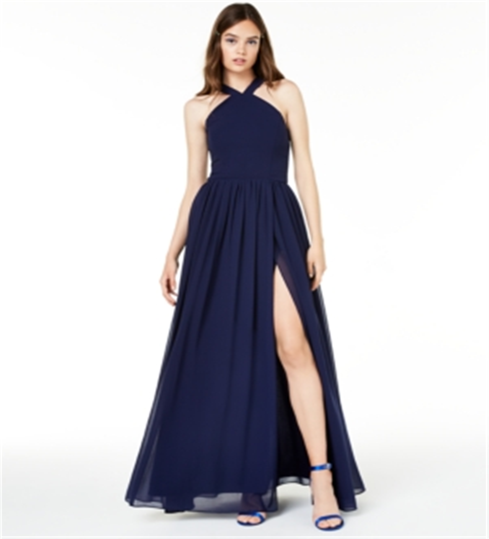 City Studios Junior's Halter Chiffon Slit Leg Gown Blue Size 3