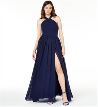 City Studios Junior's Halter Chiffon Slit Leg Gown Blue Size 3