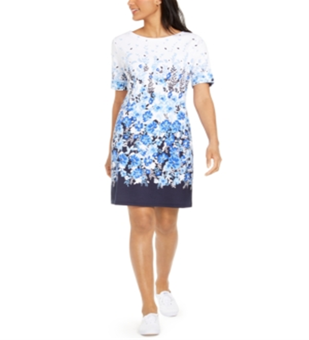 Karen Scott Women's Floral Print Boat Neck Dress Blue Size Small