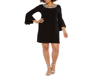MSK Women's Rhinestone Trim Bell Sleeve Dress Black Size L