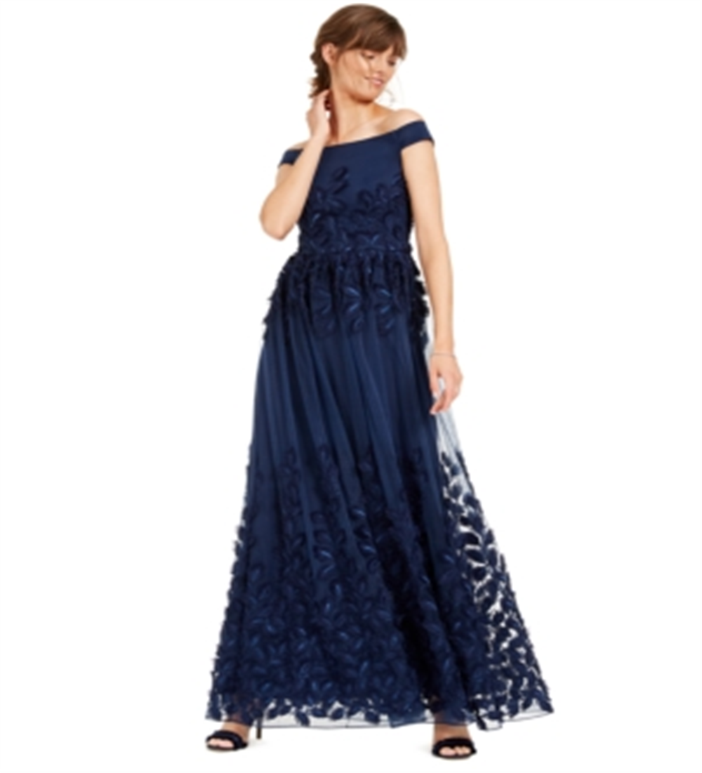 Adrianna Papell Women's  Sleeveless Off Shoulder Maxi Evening Sheath Dress Navy Size 6