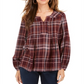 Style & Co Women's Plaid Split Neck Top Wine Size Small