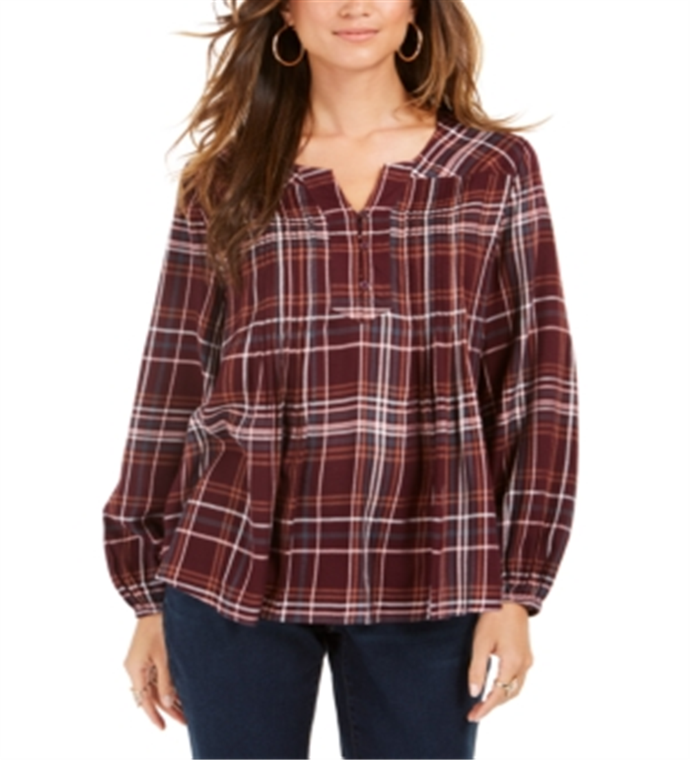 Style & Co Women's Plaid Split Neck Top Wine Size Small