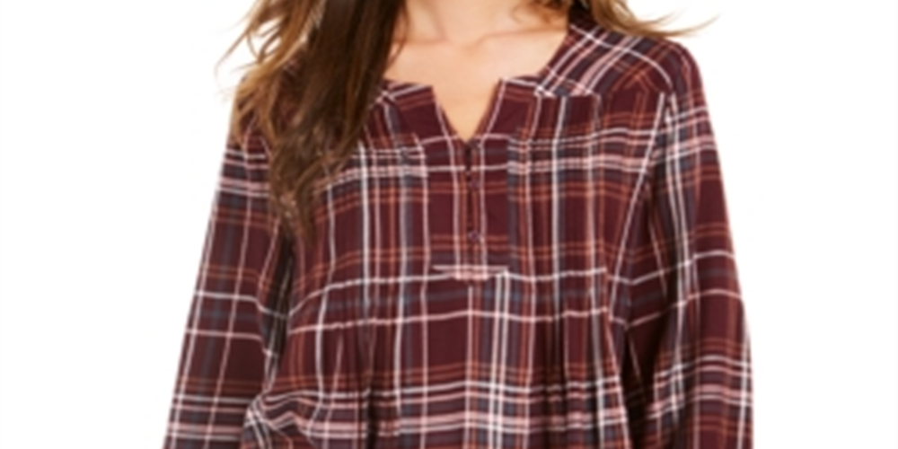 Style & Co Women's Plaid Split Neck Top Wine Size Small