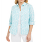 Charter Club Women's Floral Print Linen Blend Shirt Blue Size X-Small