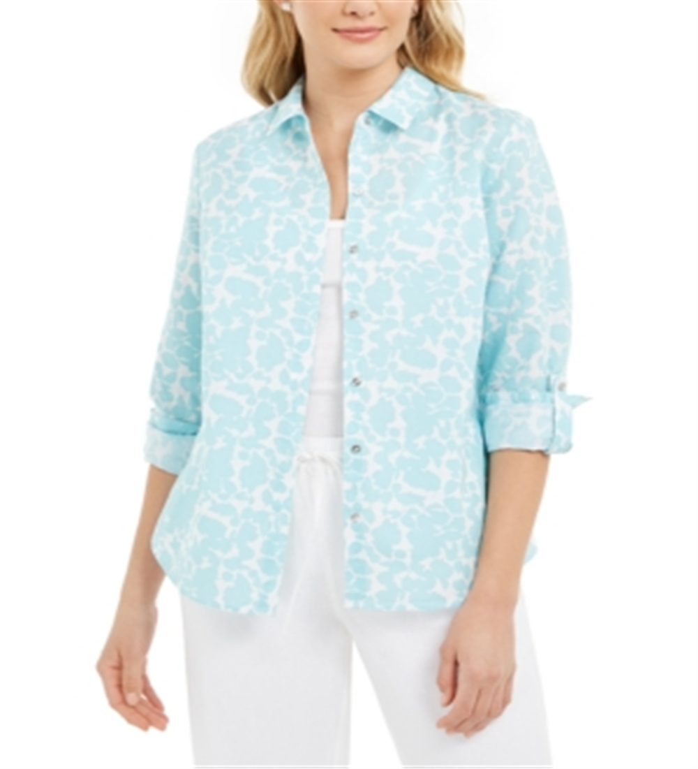 Charter Club Women's Floral Print Linen Blend Shirt Blue Size X-Small