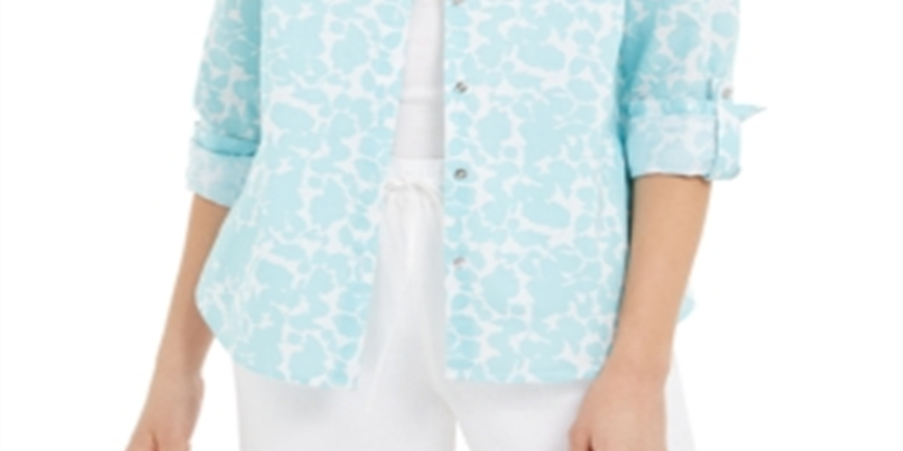 Charter Club Women's Floral Print Linen Blend Shirt Blue Size X-Small