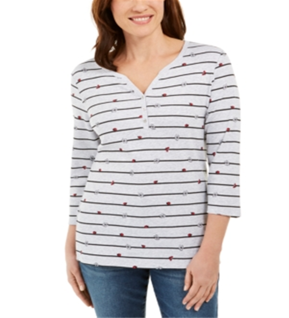 Karen Scott Women's Mixed Print 3/4 Sleeve Top Gray Size Petite X-Small