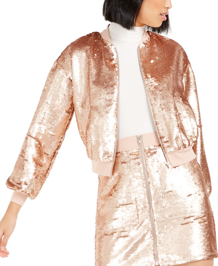 Bar III Women's Sequin Bomber Jacket Rose Gold Size L