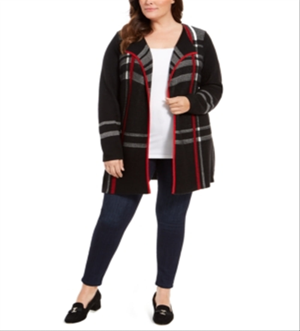Charter Club Women's Plus Size Plaid Open-Front Cardigan  - Deep Black Size 0X