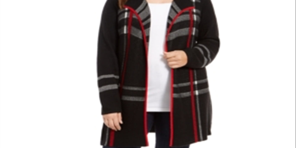 Charter Club Women's Plus Size Plaid Open-Front Cardigan  - Deep Black Size 0X